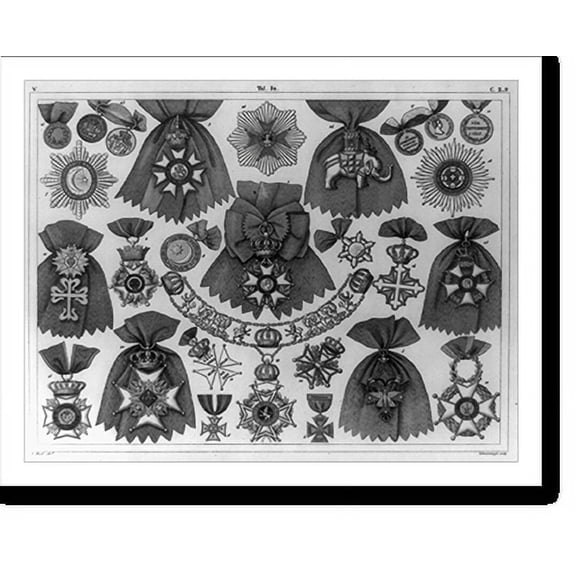 Historic Print, [Insignia for various orders of France, Great Britain, Denmark, Greece, Spain, Ottoman Empire, etc., including medals and badges].G. Heck, dirt. ; Schweissinger, sculp., 16" x 20"