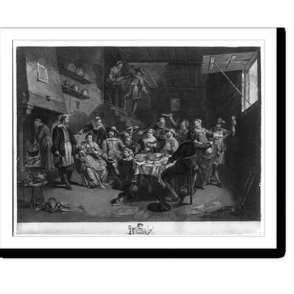 Historic Print, [Interior scene with group gathered around table eating and drinking, large hearth at left], 18" x 24"