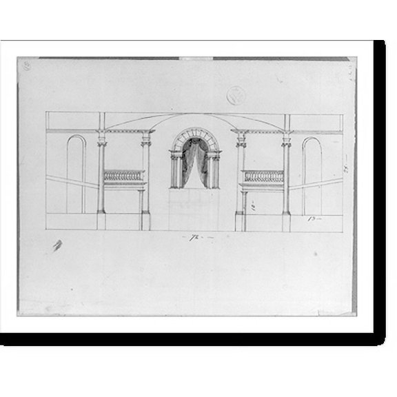 Historic Print, [Ionic columns defining ballustraded galleries. Interior sectional elevation], 16" x 20"