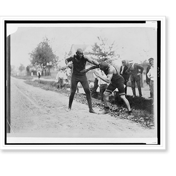 Historic Print, [Jack Johnson fighting with opponent along a dirt road], 16" x 20"