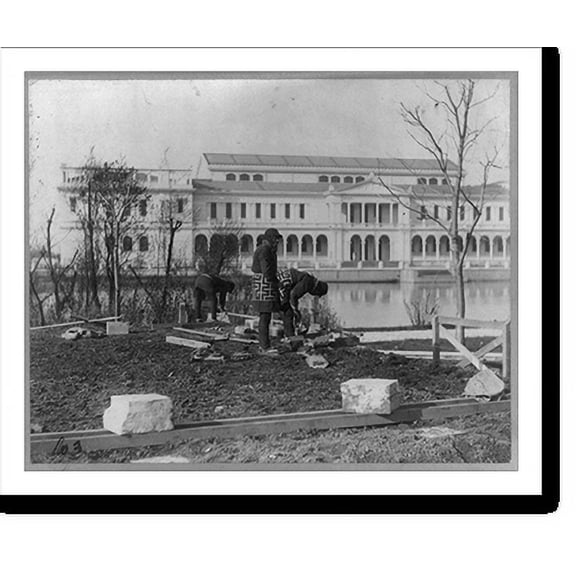 Historic Print, [Japanese carpenters and stone masons in distinctive native attire starting to construct Japanese Pavilion at World's Columbian Exposition, Chicago, 1893: Laying foundation], 18" x 24"