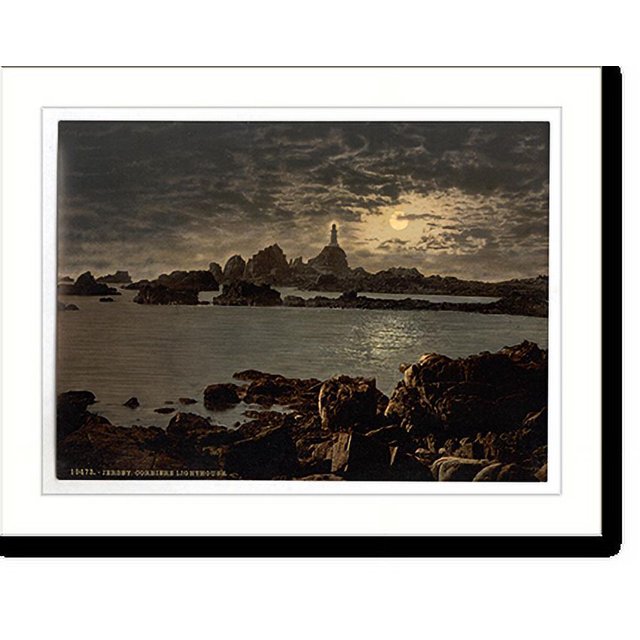 Historic Print, Jersey Corbiere Lighthouse by moonlight Channel Islands