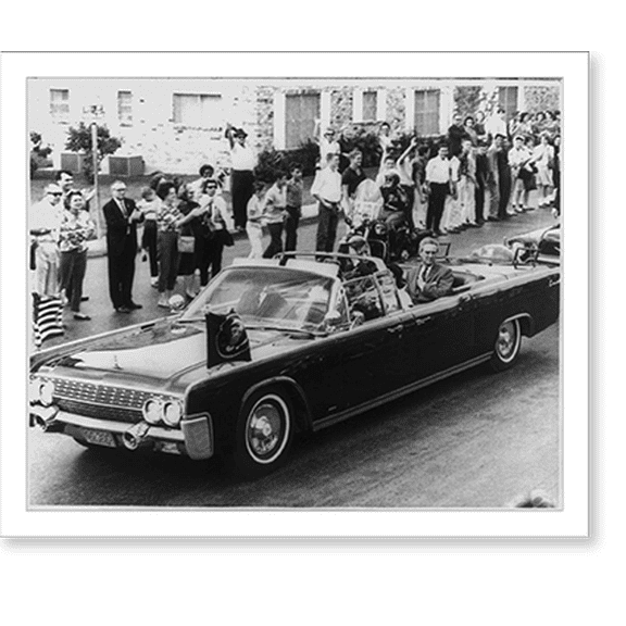 Historic Print, [John Fitzgerald Kennedy, Pres. U.S., head and shoulders, facing right, in open air limousine, with Gov. Connally of Texas, his wife and two Secret Service men; crowd li…16" x 20"
