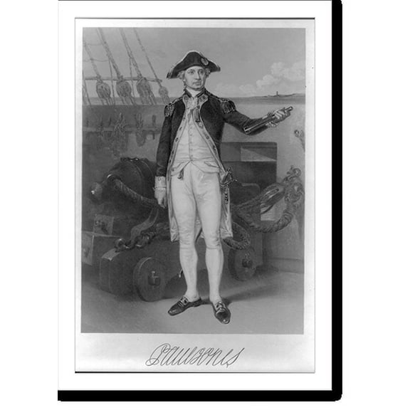 Historic Print, [John Paul Jones, 1747-1792, full-length portrait, standing, facing right, beside ship cannon], 16" x 20"