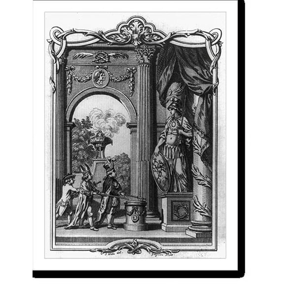 Historic Print, [King, bishop, and nobleman offering scepter, staff and sword before statue of Brittania?], 16" x 20"