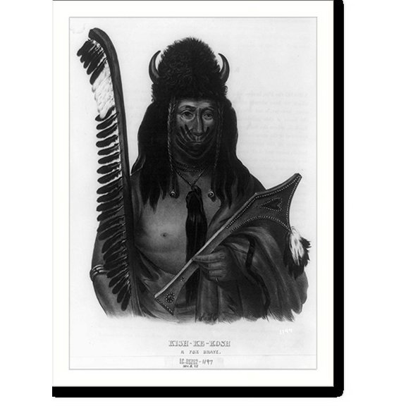 Historic Print, Kish-Ke-Kosh, a Fox brave.A.H.; drawn, printed & coloured at I.T. Bowens Lithographic Establishment., 18" x 24"