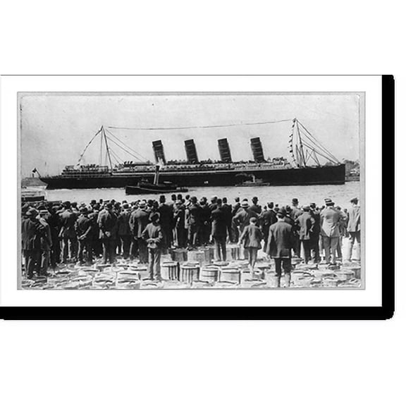 Historic Print, [LUSITANIA, 1907-1914, New York City: broadside view, maiden voyage, crowd in foregrd.], 16" x 20"