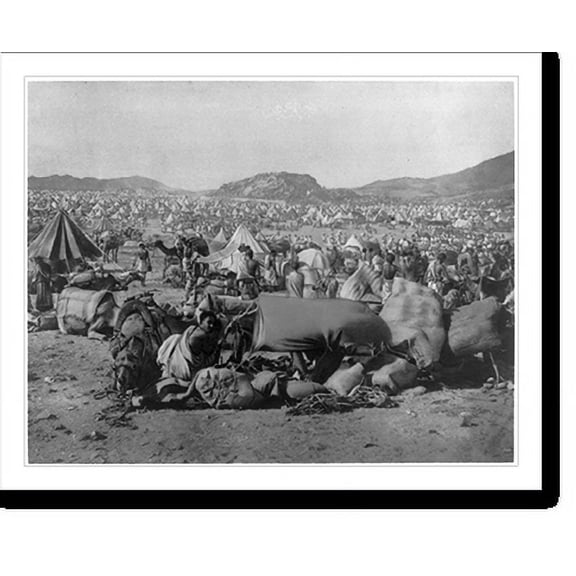 Historic Print, [Large group of Moslem pilgrims camping, many tents and camels; mountains in backgrd., Mecca], 16" x 20"