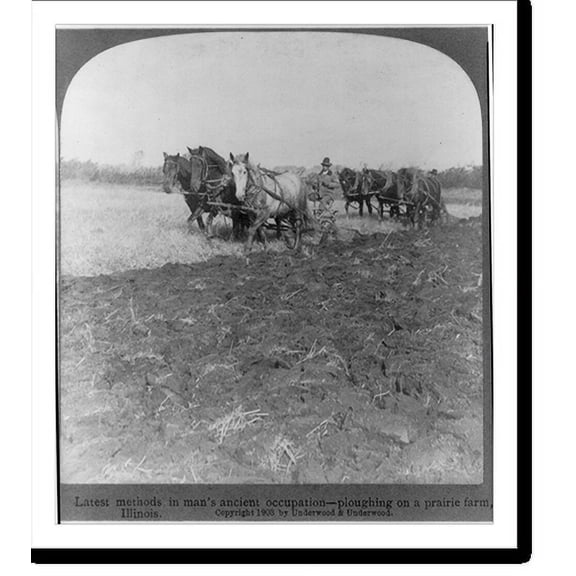 Historic Print, Latest methods in man's ancient occupation. ploughing on a prairie farm, Illinois, 18" x 24"