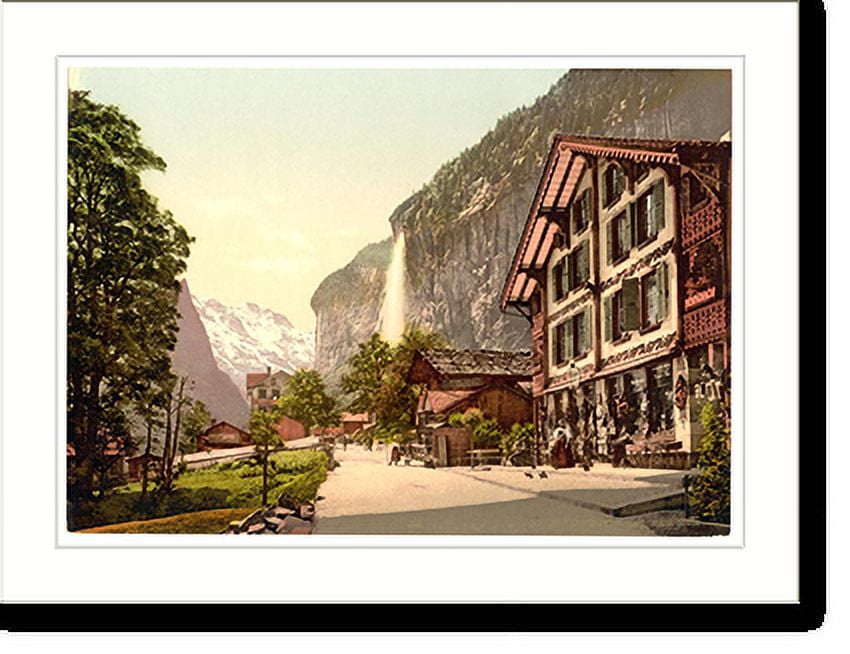 Historic Print, Lauterbrunnen Valley street view with Staubbach