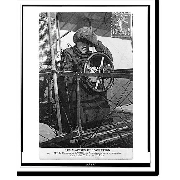Historic Print, Les Maitres de l'aviation. Mme. la Baronne de Laroche, aviatrice, au poste de direction d'un biplan Voisin.ND phot., 16" x 20"