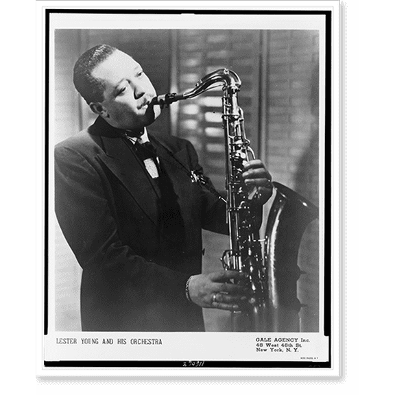 Historic Print, [Lester Young, half-length portrait, standing, facing right, playing saxaphone], 18" x 24"