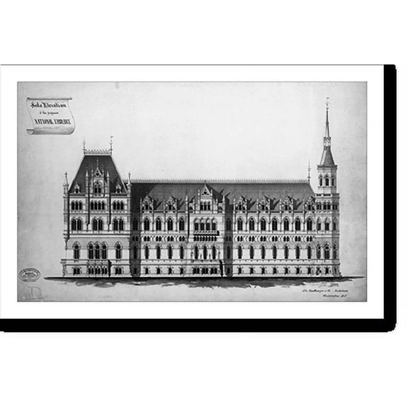 Historic Print, [Library of Congress (National Library"), Judiciary Square site, Washington, D.C. Side elevation, German Renaissance]", 18" x 24"
