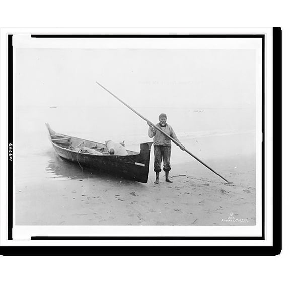 Historic Print, [Light House Joe, an old Makah Indian, holding a pole, by boat, on beach, at Neah Bay(?), Washington], 16" x 20"