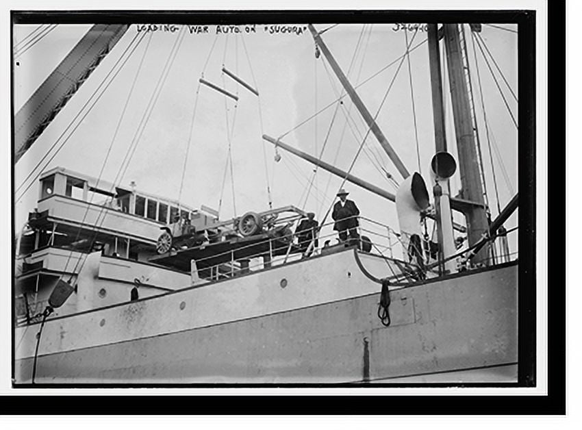 Historic Print, Loading war auto on SUGURA crane hoist at work, 16" x