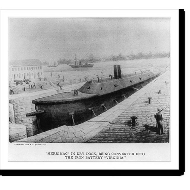 Historic Print, MERRIMAC in dry dock, being converted into the iron