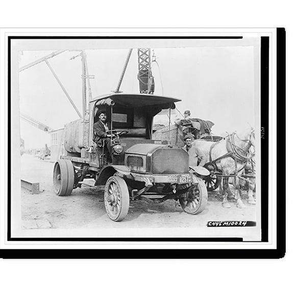 Historic Print, [Mack truck, workers, and horses at a construction site in New York State], 18" x 24"