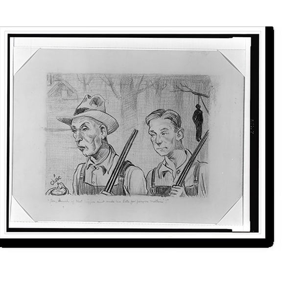 Historic Print, [Man and son walking with guns, and man hanging from tree in background, and the.Chase., 16" x 20"