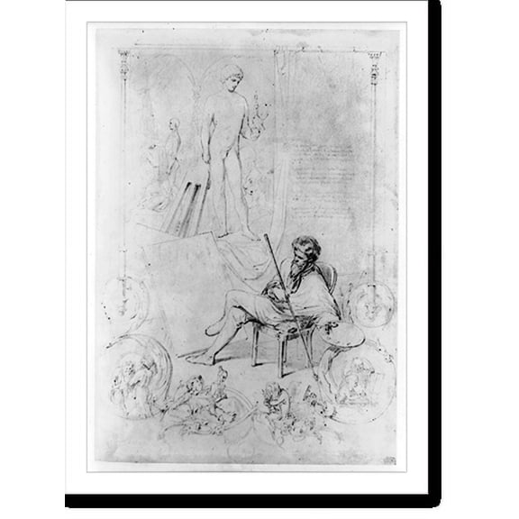 Historic Print, [Man seated in front of model and painting, with staff and palette, and cherubs(?) nearby], 16" x 20"