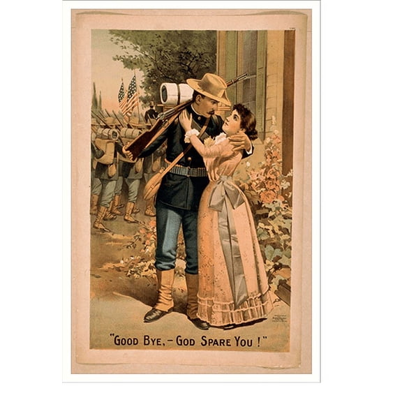 Historic Print, [Man wearing military uniform holding rifle and embracing woman with troops in background], 18" x 24"