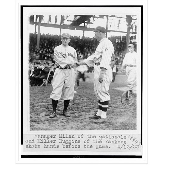 Historic Print, Manager Milan of the Nationals and Miller Huggins of the Yankees shake hands before the game, 16" x 20"