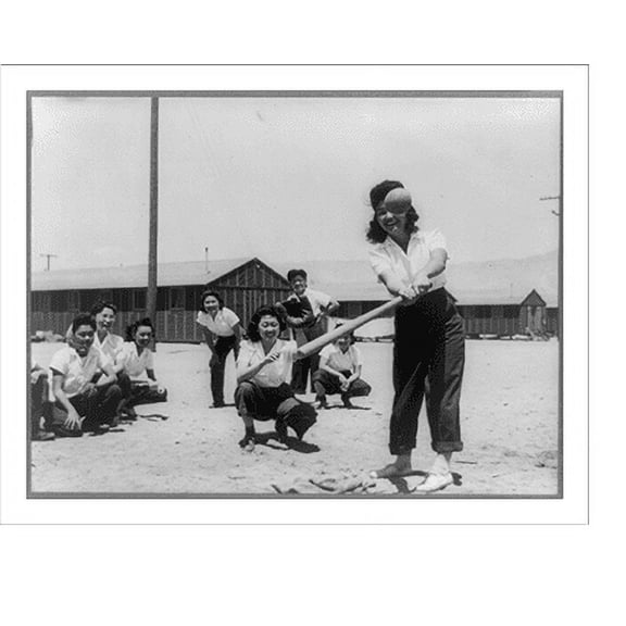 Historic Print, Manzanar, Calif., May 1942. Maye Noma behind the plate and Tomi Nagao at bat in a practice game between members of the Chick-a-dee soft ball team, 16" x 20"