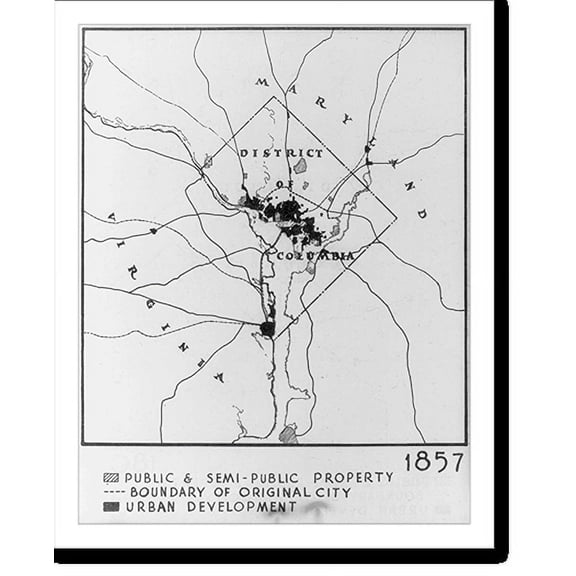 Historic Print, [Map of Washington, D.C. and surrounding metropolitan area, showing: public and semi-public property; boundary of original city; and urban development areas - 1857], 16" x 20"