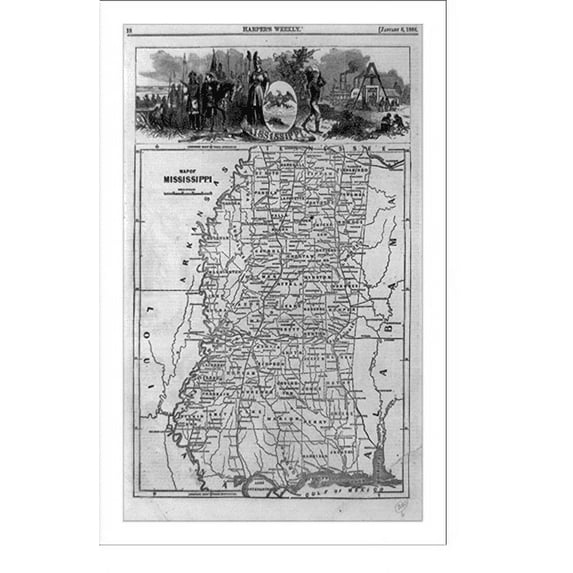 Historic Print, Map of Mississippi, 16" x 20"
