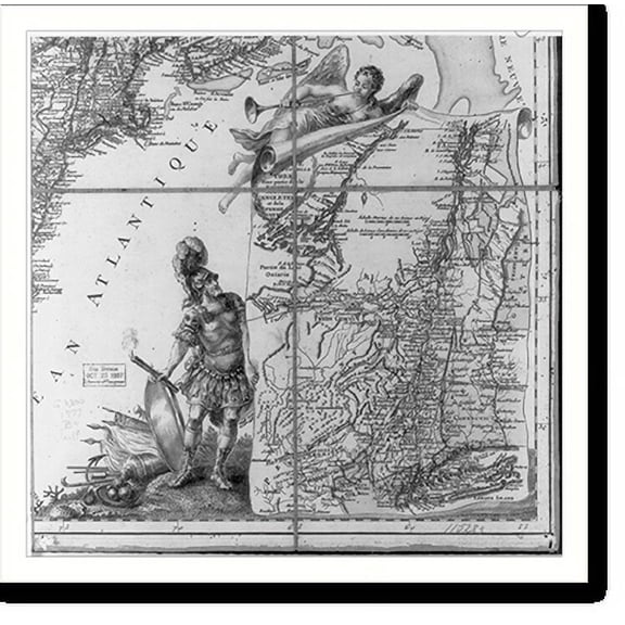 Historic Print, [Map ornament - Mars watches Fame unfurl a detailed map of New York and Pennsylvania].Beaurain., 18" x 24"