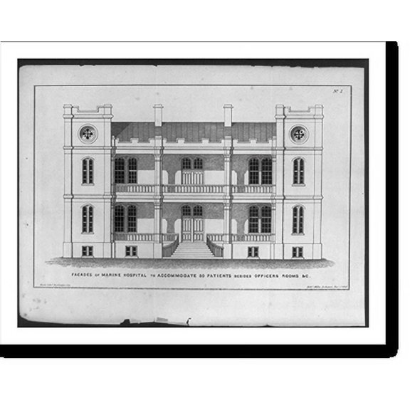 Historic Print, [Marine hospitals on the Western Waters. Design 2, front elevation rendered facades], 16" x 20"