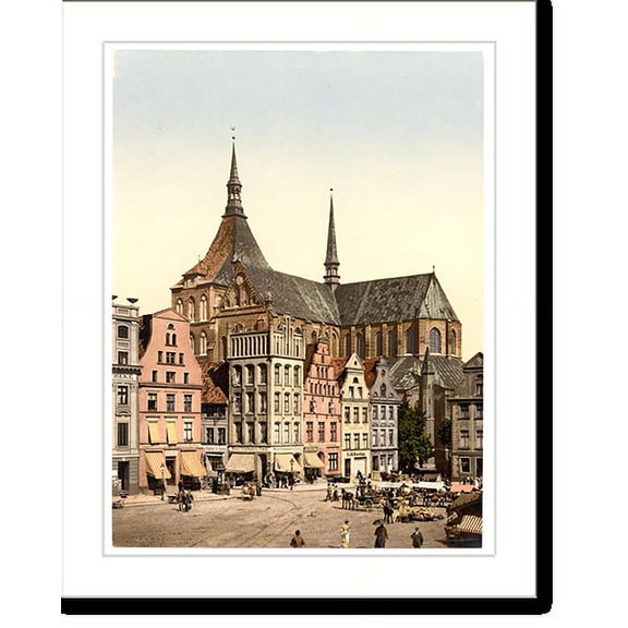 Historic Print, Market place and Marien Church Rotstock Mecklenburg-Schwerin Germany, 16" x 20"