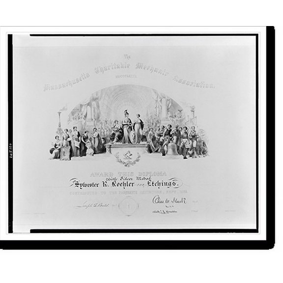 Historic Print, The Massachusetts Charitable Mechanic Association, award this diploma with silver medal to Sylvester R. Koehler for etchings. Contributed to the fourteenth exhibition, S…16" x 20"