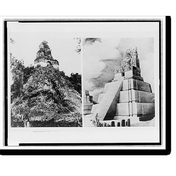 Historic Print, [Mayan temple in Ghost" city of Tikal, Guatemala (left); photograph of drawing of proposed restoration of temple (right)]", 16" x 20"