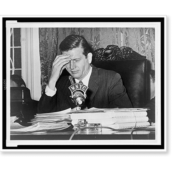Historic Print, Mayor Lindsay at the first public hearing on proposed executive capital budget.World Telegram & Sun photo by O. Fernandez., 16" x 20"