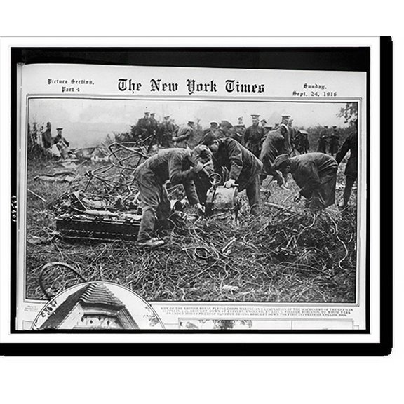 Historic Print, Men of the British Royal Flying Corps making an examination of the machinery of the German zeppelin L-21, brought down at Cuffley, England, by Lieut., 16" x 20"