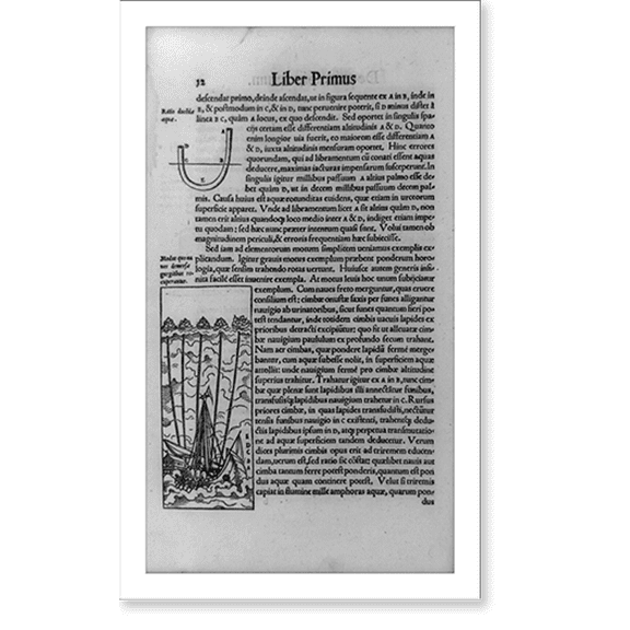 Historic Print, [Method of raising sunken ship with five ropes and ships, diagram of curved pipe in water, and surrounding text], 18" x 24"
