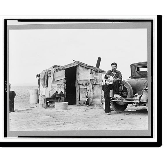 Historic Print, Migratory Mexican field worker's home on the edge of a frozen pea field. Imperial Valley, California, 16" x 20"