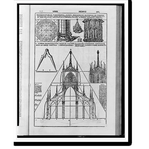Historic Print, [Milan Cathedral, plan, elevation, and architectural elements from handbook on classical architecture], 16" x 20"