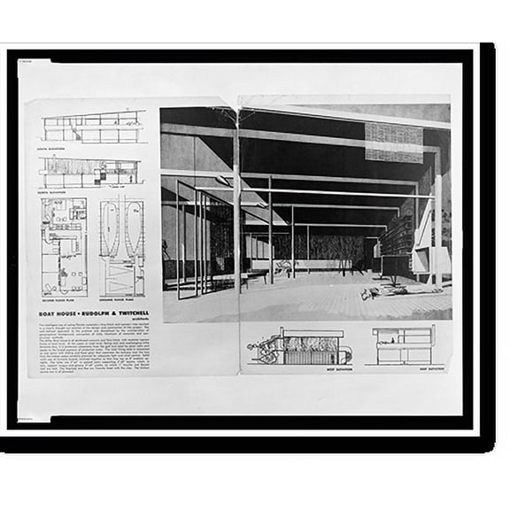 Historic Print, [Miller boat house, Casey Key (Sarasota), Florida (project). Periodical layout, including plans, elevations, and rendering], 16" x 20"