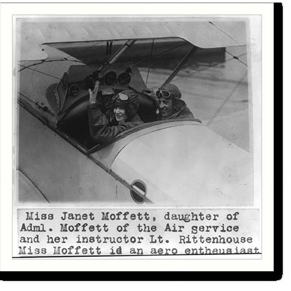 Historic Print, Miss Janet Moffett, daughter of Adm. [William Adger] Moffett of the Air Service, and her instructor Lt. Rittenhouse [in cockpit of plane], 16" x 20"