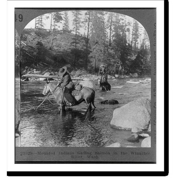 Historic Print, Mounted Indians Gaffing Salmon in the Winachee River, Washington, 18" x 24"