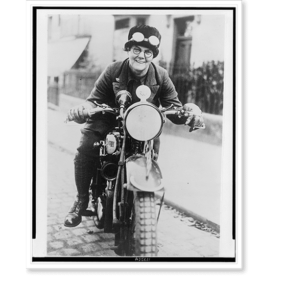 Historic Print, [Mrs. Clara B. Brown of Leamington, England, who learned to ride a motorcycle when over 50 years of age, seated on motorcycle, full-length, facing front], 16" x 20"