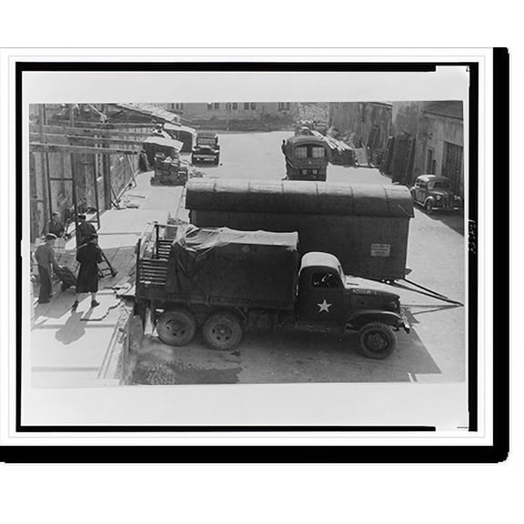 Historic Print, Munich, August 1946. Rear of NSDAP Postbau in Munich Central Collecting Point Compound. Cases being loaded on trucks for transportation to Arnulfstrasse freight yard, 18" x 24"