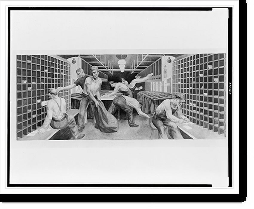 Historic Print, [Mural, by Frank Long, showing men working in post