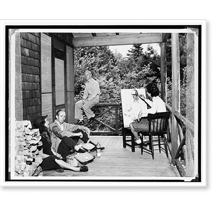 Historic Print, [Nancy Ross seated on porch eating picnic lunch with an unidentified man while a woman draws a portrait of another man seated on the railing around the porch].Life photo...18" x 24"