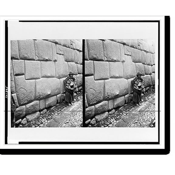 Historic Print, [Native standing by Inca masonry wall, Cuzco, Peru], 16" x 20"