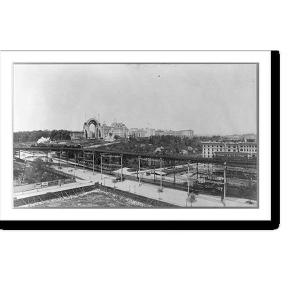 Historic Print, New York City: Morningside Park and Cathedral Heights, showing construction of Cathedral of St. John the Divine; elevated train in fg., 16" x 20"