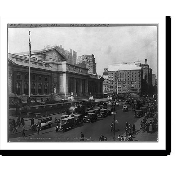 Historic Print, [New York City Public Library, 5th Ave. & 40th St. Crowded street scene in foreground], 16" x 20"
