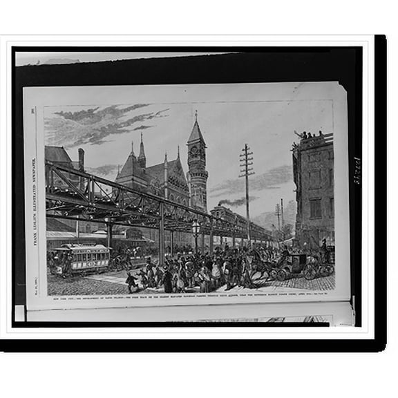 Historic Print, New York City. The development of rapid transit - the first train on the Gilbert Elevated Railroad passing through Sixth Avenue, near the Jefferson Market Police Court, ...18" x 24"