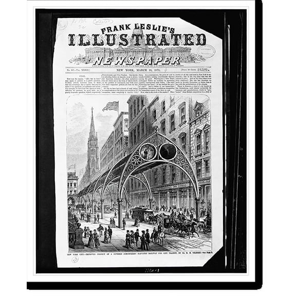 Historic Print, New York City - improved project of a covered atmospheric elevated railway for city transit, by Dr. R.H. Gilbert, 18" x 24"